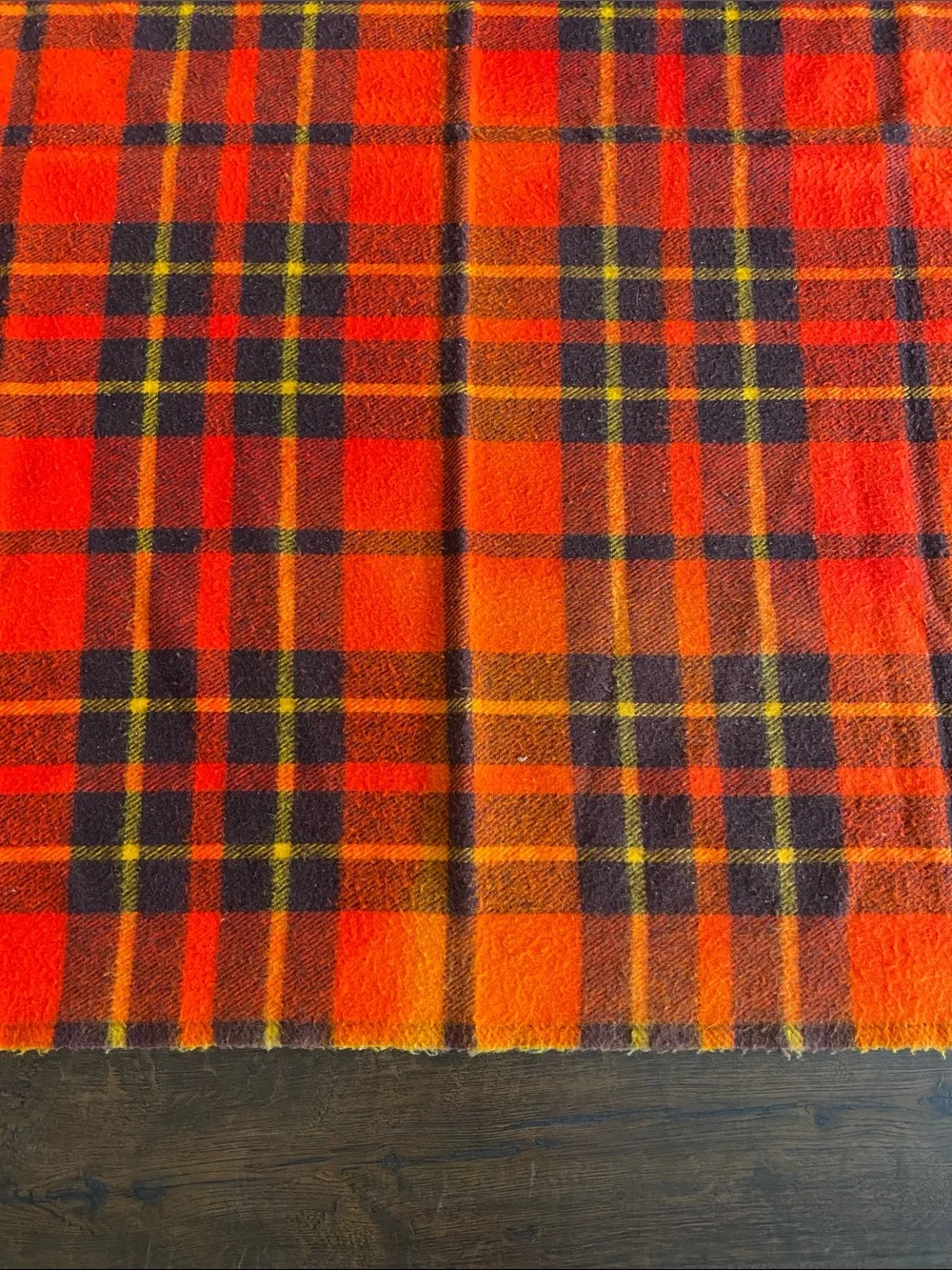 Vintage Faribo Wool Plaid Tartan Fringe Red/Orange Brown & Yellow Throw Blanket